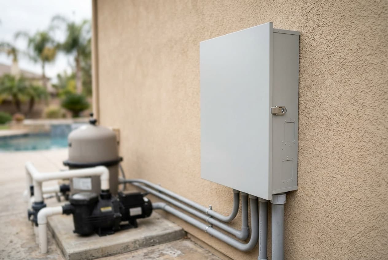 A plain gray automation power center mounted on a stucco wall beside a pump and filter, its door closed and unmarked, with several conduits curving out of the base toward the equipment pad