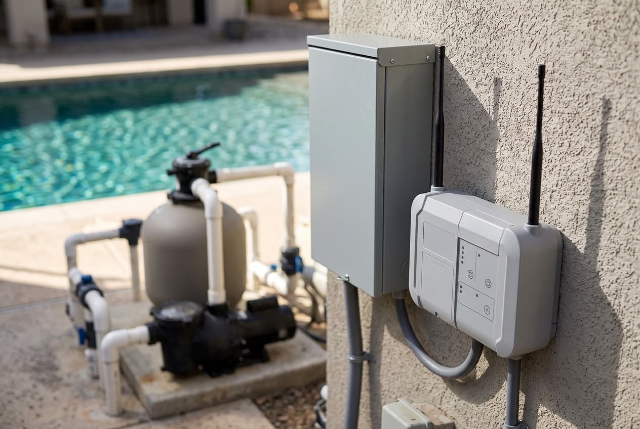 A light gray pool control hub with two black antennas on a stucco wall beside a tall gray metal enclosure, with a pool, a filter and a pump out of focus to the left