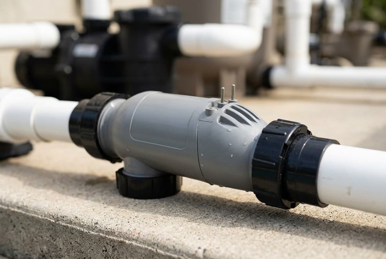 A gray electrolytic salt cell plumbed inline in white PVC on a concrete equipment pad, a black union nut at each end, terminal posts standing up from a ribbed section on top and a capped sensor port below, with a pump out of focus behind it