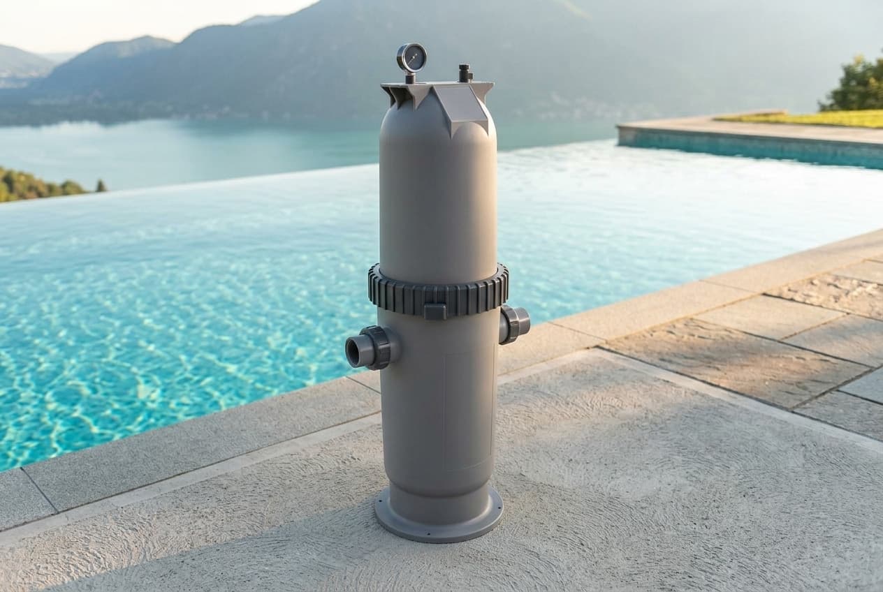 A tall slim gray cartridge filter beside an infinity pool above a lake, a darker gray ribbed lock ring around its middle, two gray union connections below the ring, and a small pressure gauge and air valve on its angular top