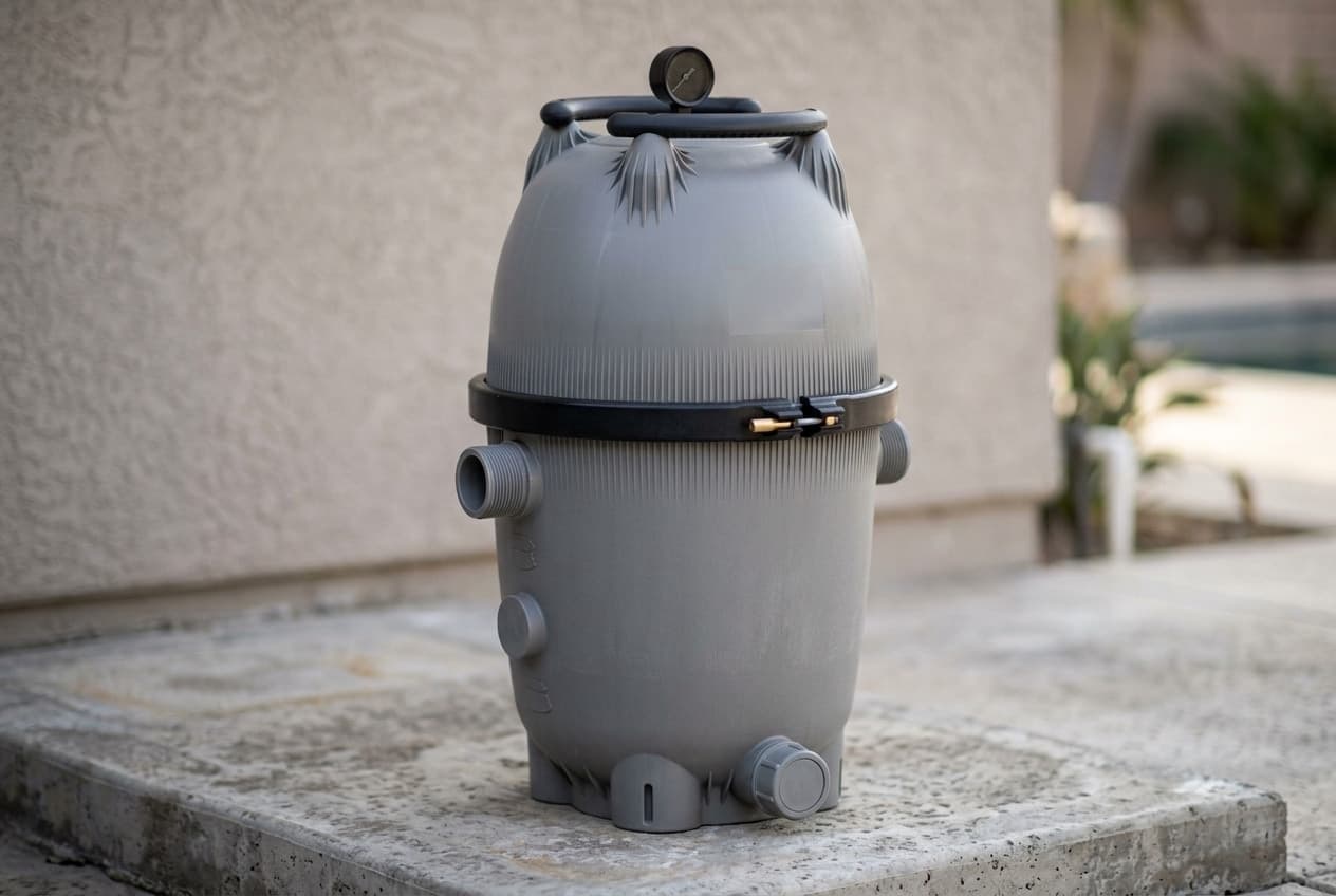 A gray cartridge pool filter tank on a concrete pad against a stucco wall, a black clamp band around its middle, a pressure gauge and black handles on top, threaded ports on its sides and a capped drain at its base