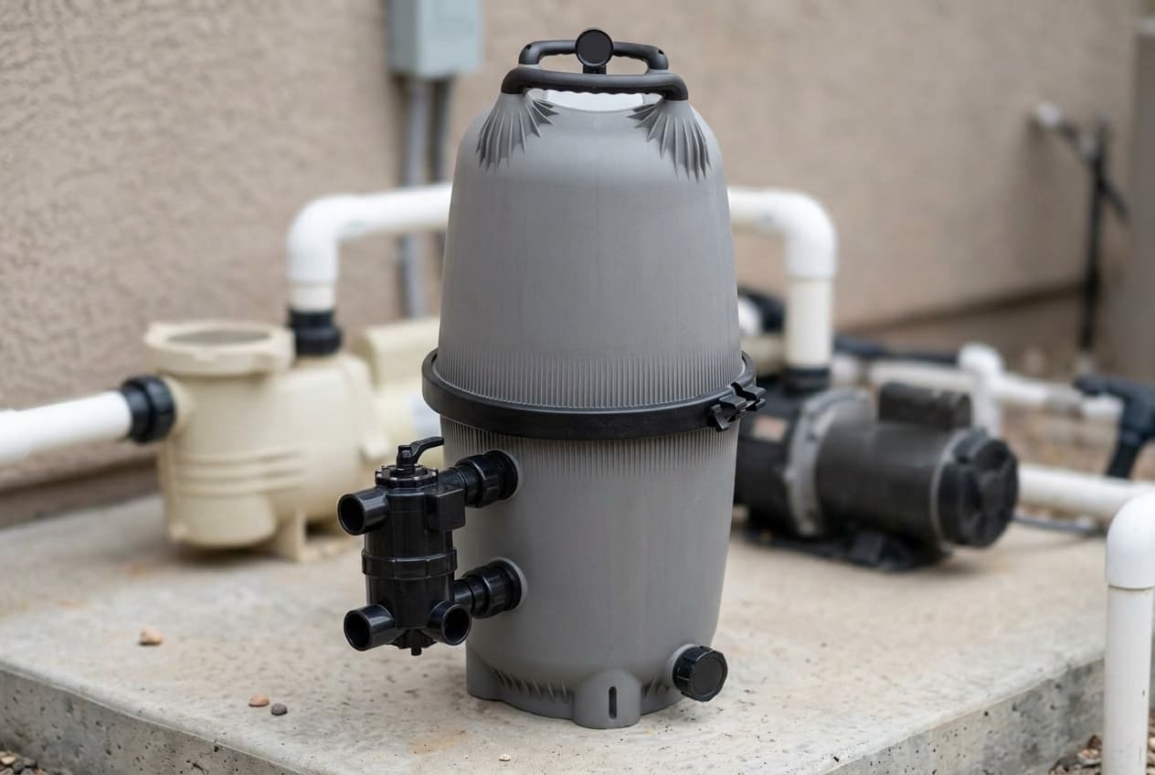 A tall gray D.E. pool filter tank on a concrete equipment pad, a black clamp band around its middle, a black carry handle and pressure gauge on its ribbed top, and a black backwash valve on two ports low on its side, with pool pumps and white PVC pipes behind it