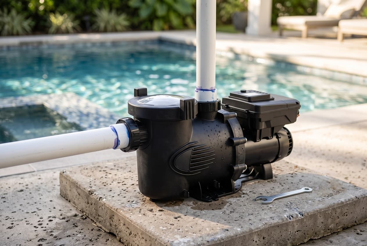 A black variable-speed pool pump on a concrete pad by a pool, a clear lid on its strainer pot, white pipe at the front and on top, a louvered oval on its side