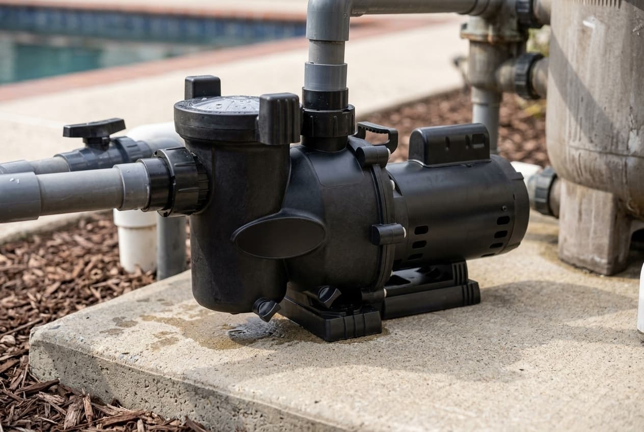 A compact black single-speed pool pump on a concrete equipment pad, a round lid with a cam-lock ring on top of the strainer pot at the front, union connections either side, and a short cylindrical motor behind