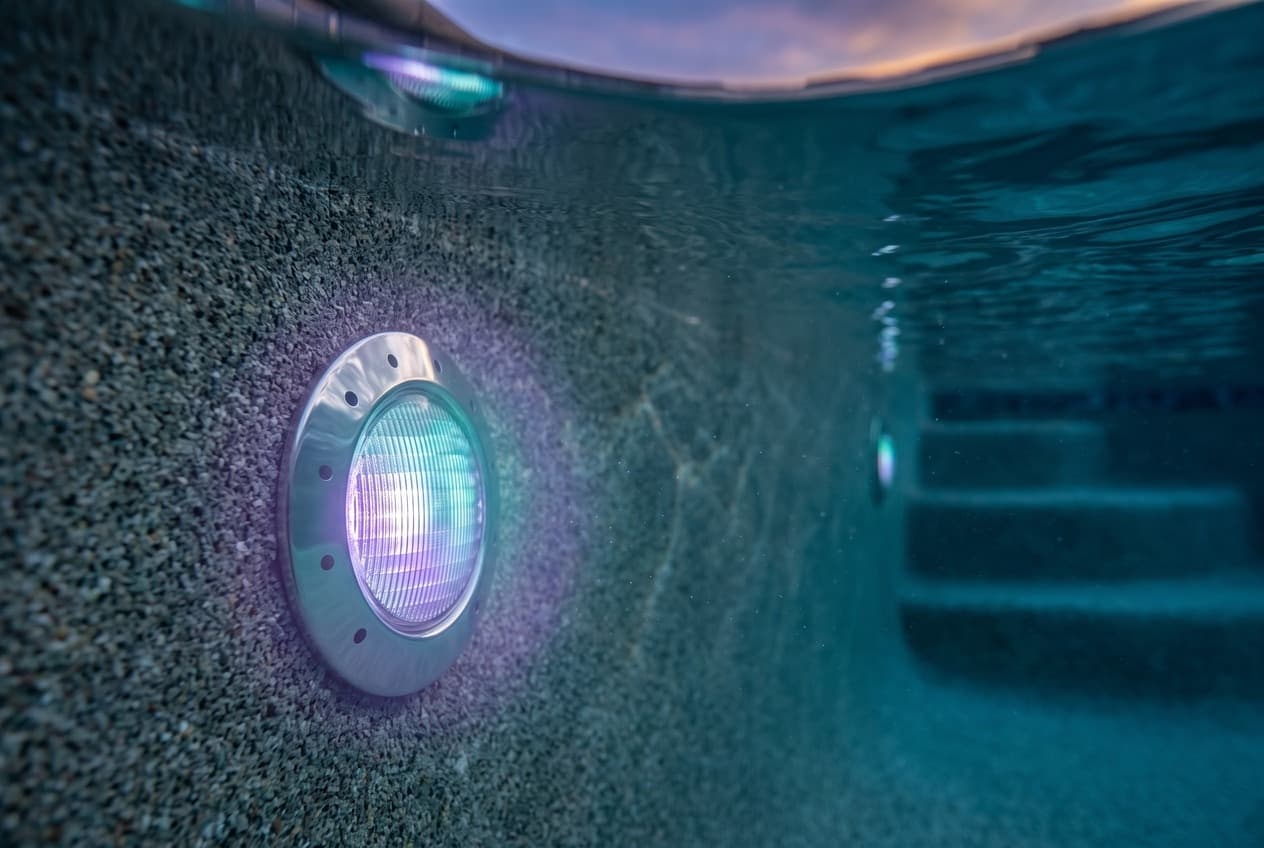 A round pool light glowing violet and teal in the pebble wall of a pool, photographed underwater, a stainless face ring with small holes around a ribbed clear lens, steps behind