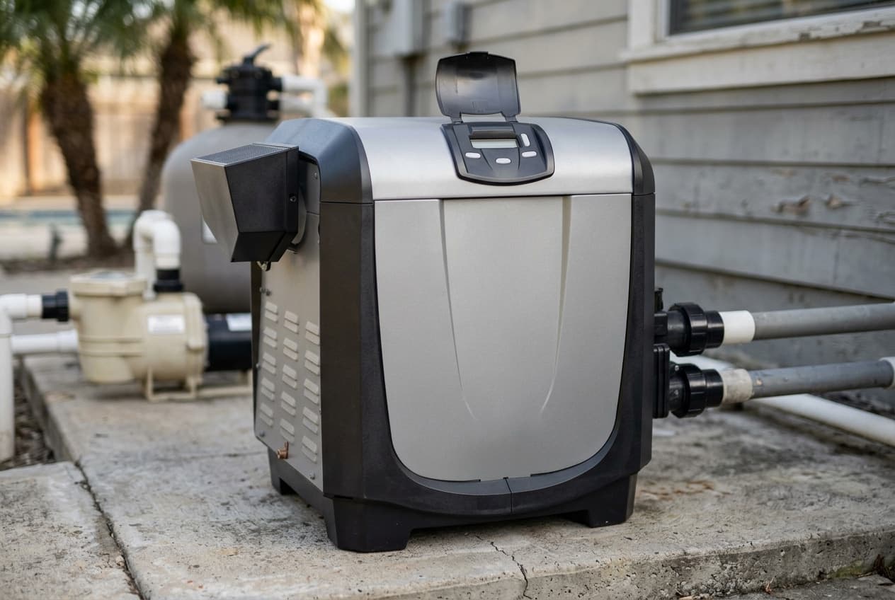 A compact gray gas pool heater on a concrete pad beside a house wall, black corner trim around a curved silver front panel, a hinged lid open on top over a small control display, a vent housing projecting from one upper corner and two black union connections on the side
