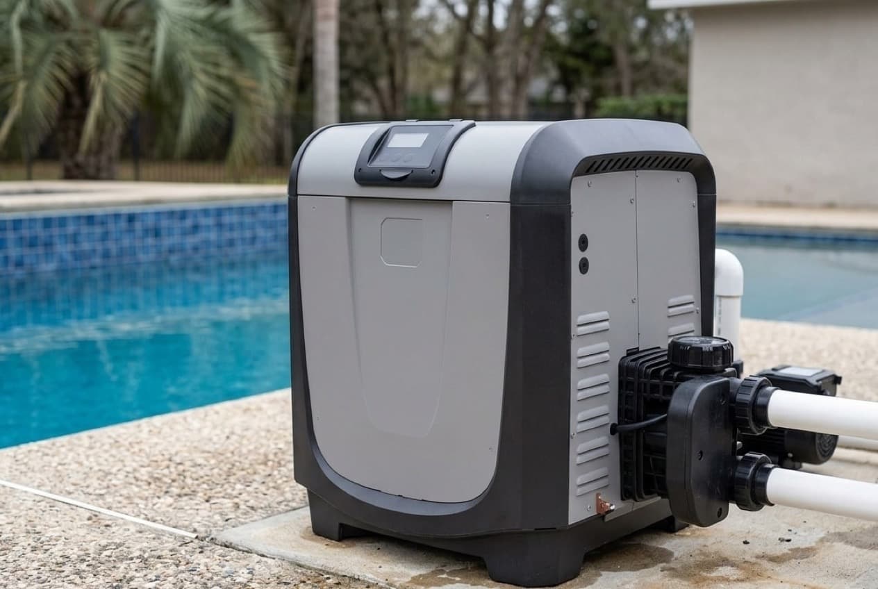 A compact gas pool heater on a concrete pad beside a pool, light gray panels framed by charcoal corner trim, a small control panel with a blank display on its top, louvers down one side, and a black water header on that side with two union connections to white PVC pipe