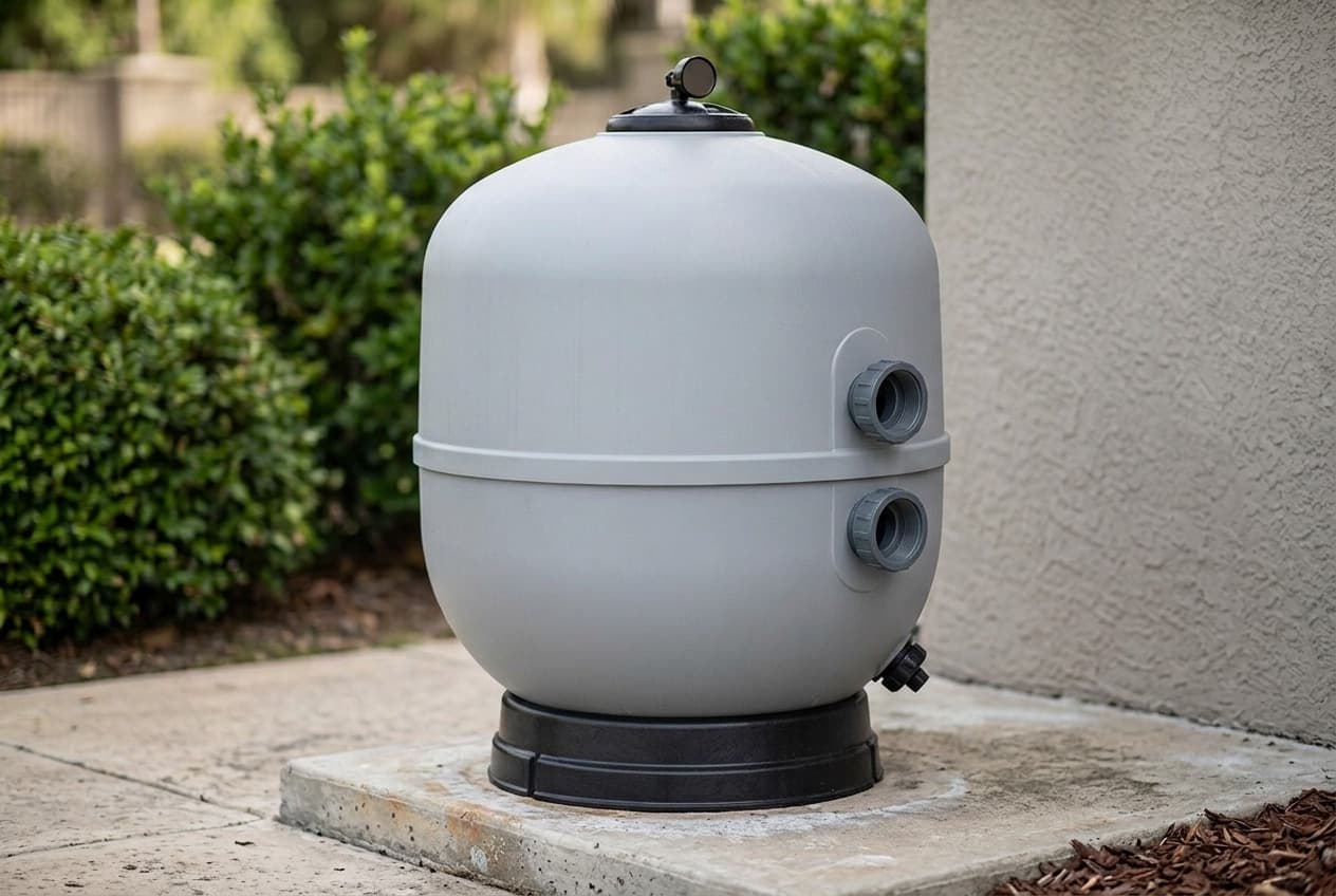 A rounded light gray side-mount sand filter tank on a black base on a concrete pad, a black lid with a small pressure gauge on top and two union ports one above the other on its side, beside a stucco wall and green shrubs