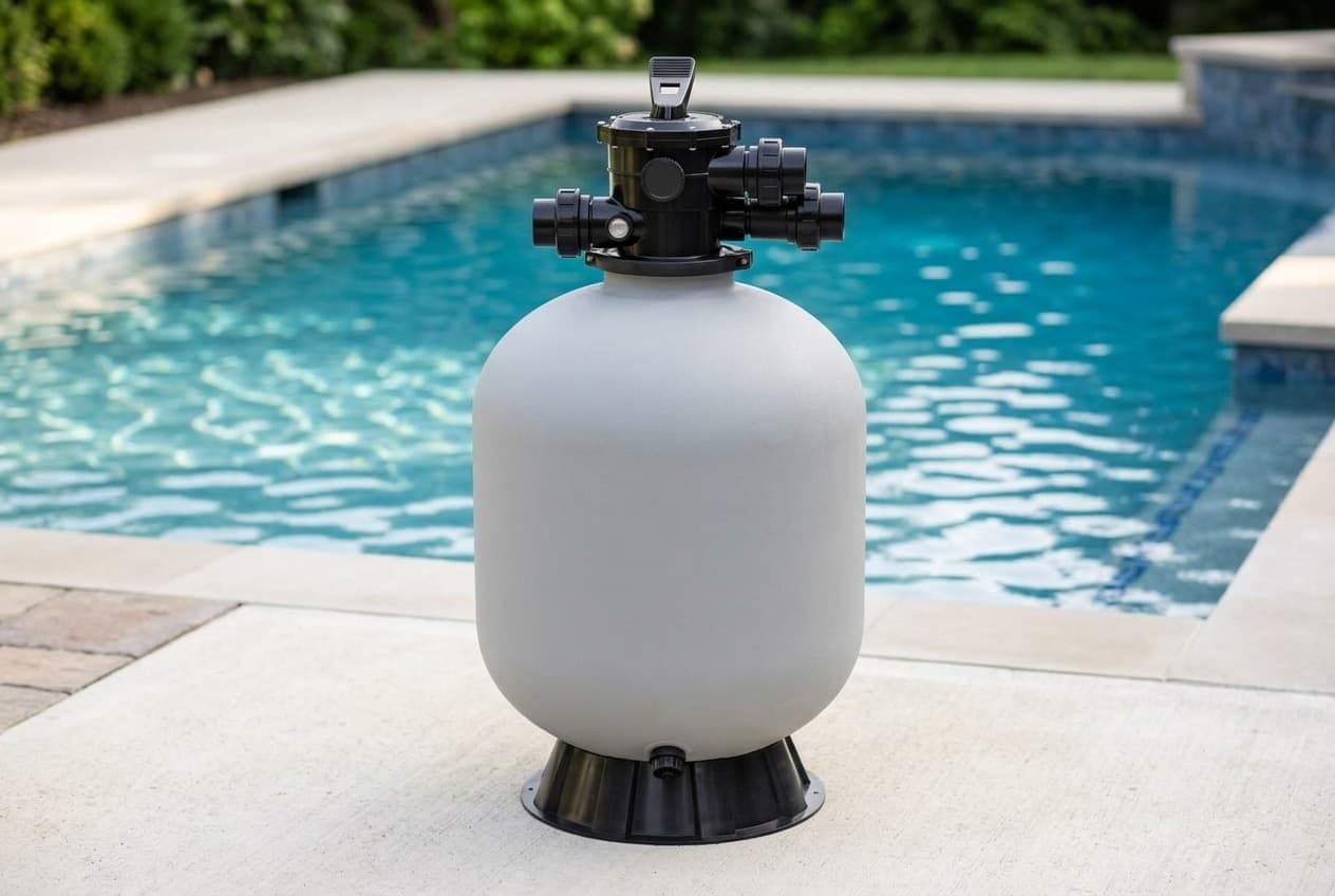 A rounded off-white sand filter tank on a black flared base beside a pool, a black multiport valve on top with a lever handle and black union connections, and a small drain cap near the bottom