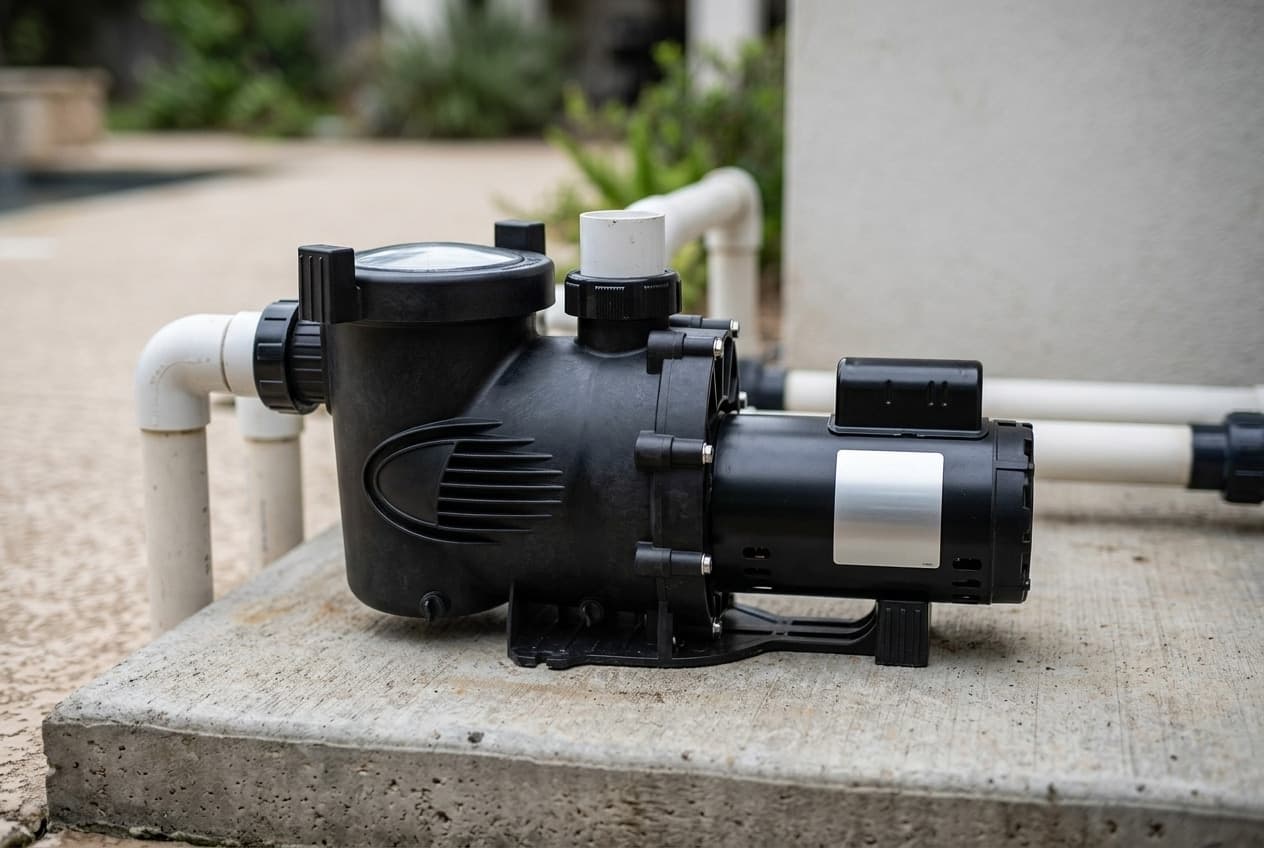 A black single-speed pool pump on a concrete equipment pad, its strainer pot at the front under a round clear lid held by a ribbed locking ring, white PVC entering through a union at one side and rising from the discharge port on top, and a finned motor behind it on a molded base