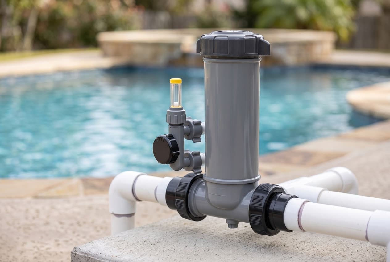 A gray tablet chlorine feeder in white pipe on a concrete block by a pool, a dark gray cap on top, black unions at its base, and a black dial and yellow-capped tube at its side
