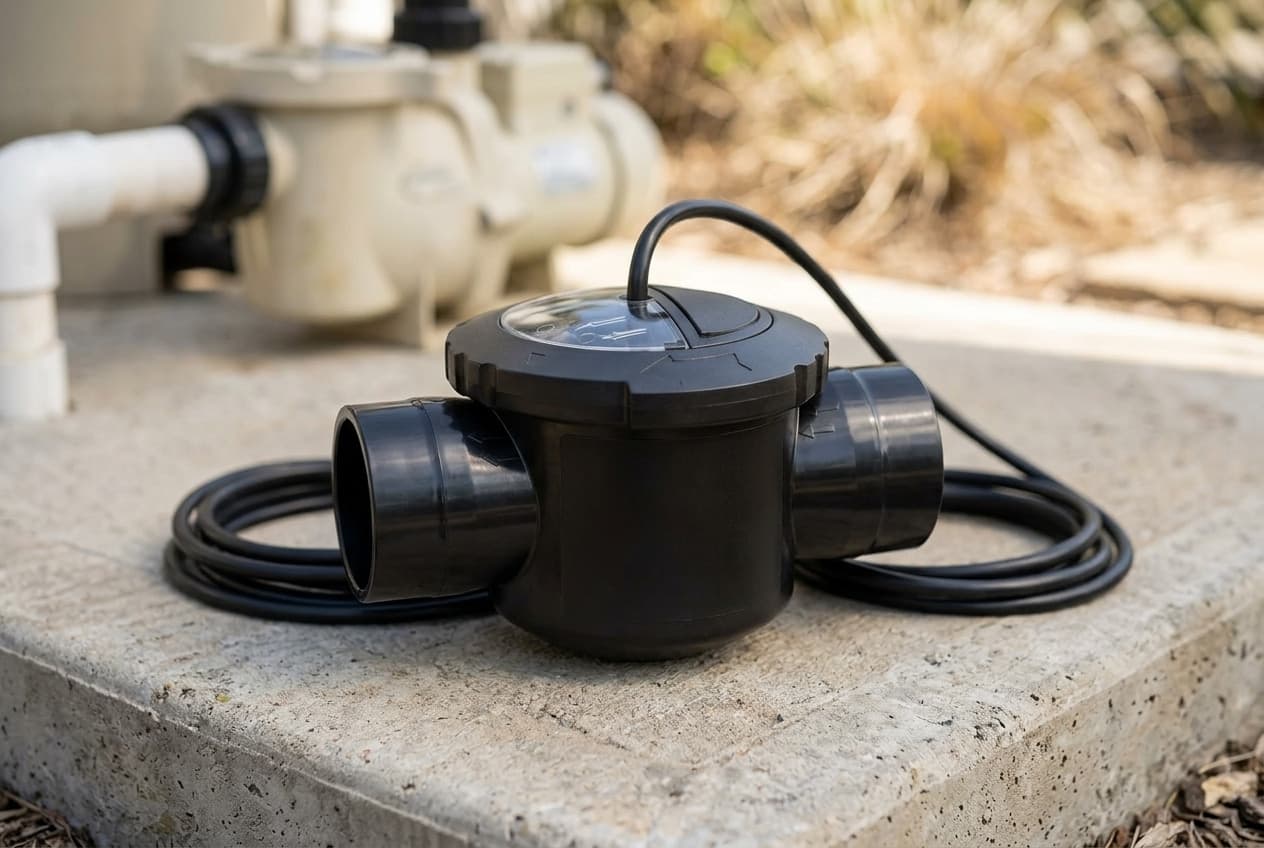 A black inline salt chlorinator cell on a concrete equipment pad, a port at each end for the plumbing and a screw-down cap on top through which the electrode pack lifts out, its cable coiled on the stone beside it
