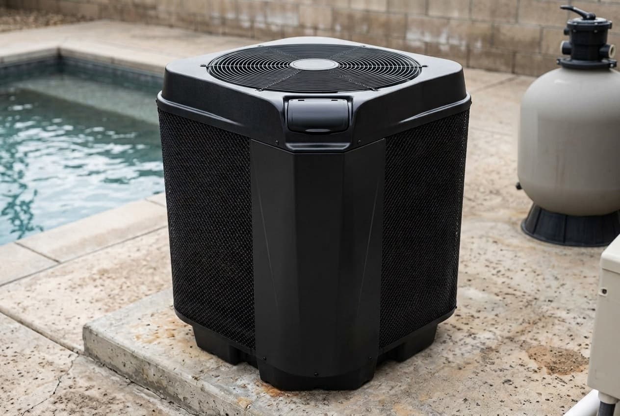 An all-black square pool heat pump on a concrete pad beside a pool, a round fan grille in its top, black mesh over the coil on its sides and a narrow front panel with a small hinged controller cover, a sand filter behind it