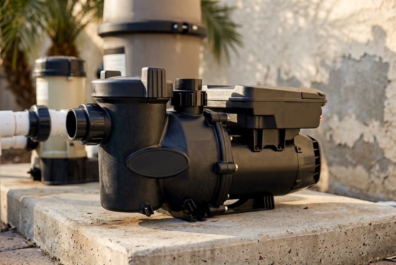 A variable-speed pool pump on a concrete equipment pad, a black body with a ribbed strainer lid at the front, a blank oval badge recess molded into its side, a union joining it to white PVC, and a large drive housing sitting along the top of the motor