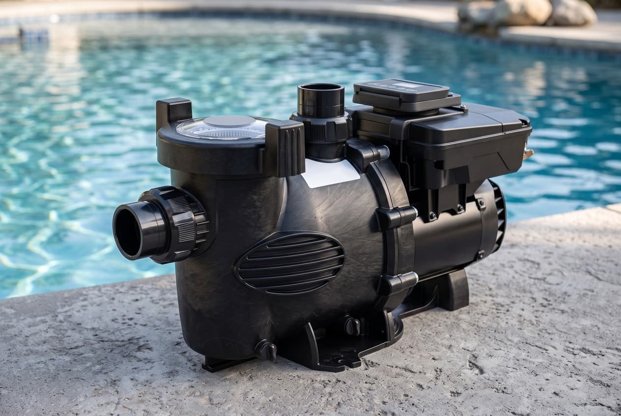 A black variable-speed pool pump on a concrete pool deck, a clear lid on its strainer pot, unions at the front and on top, a louvered oval on its side, a controller on the motor