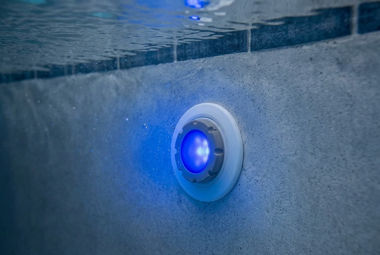 A small round pool light glowing blue, its gray notched face threaded into a white wall fitting in the plaster wall of a pool, photographed underwater below the waterline tile and the rippled surface