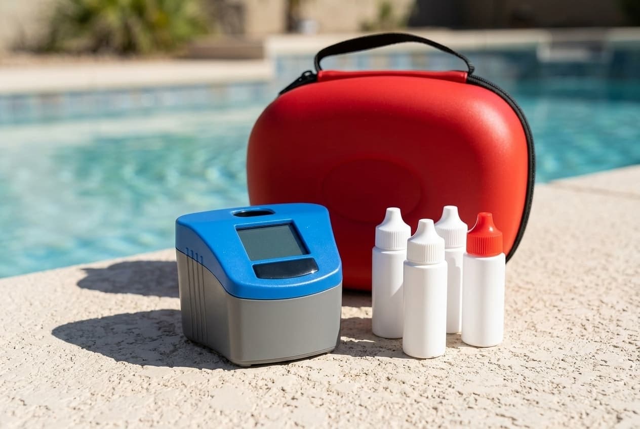 A compact handheld pool water photometer with a gray body and a blue top holding a blank display, on a sunny pool deck beside four white dropper bottles, one with a red cap, and a red zippered carry case