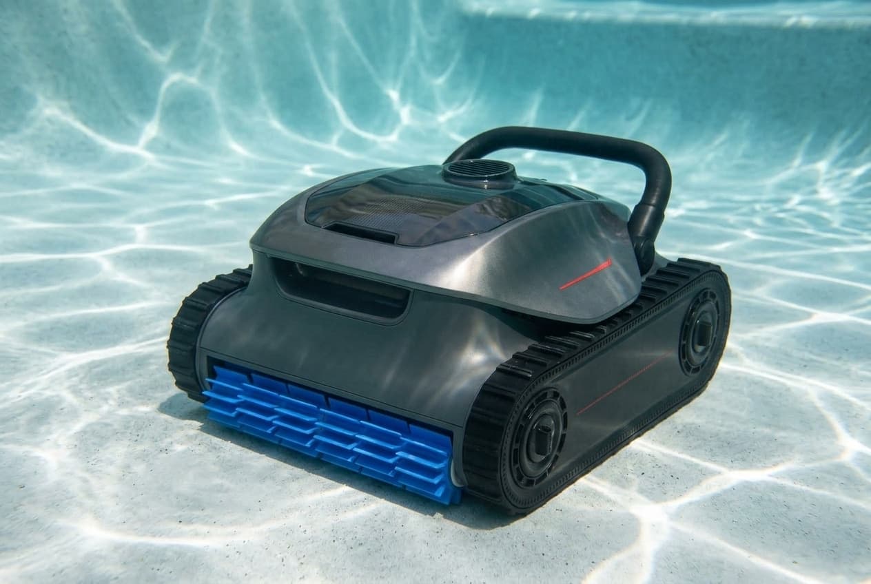 A gunmetal gray MOVA Diver A10 cordless robot on the floor of a pool, a smoked top with a round outlet grille, black rubber tracks along its sides, a bright blue finned roller brush at the front and a curved black handle over the back