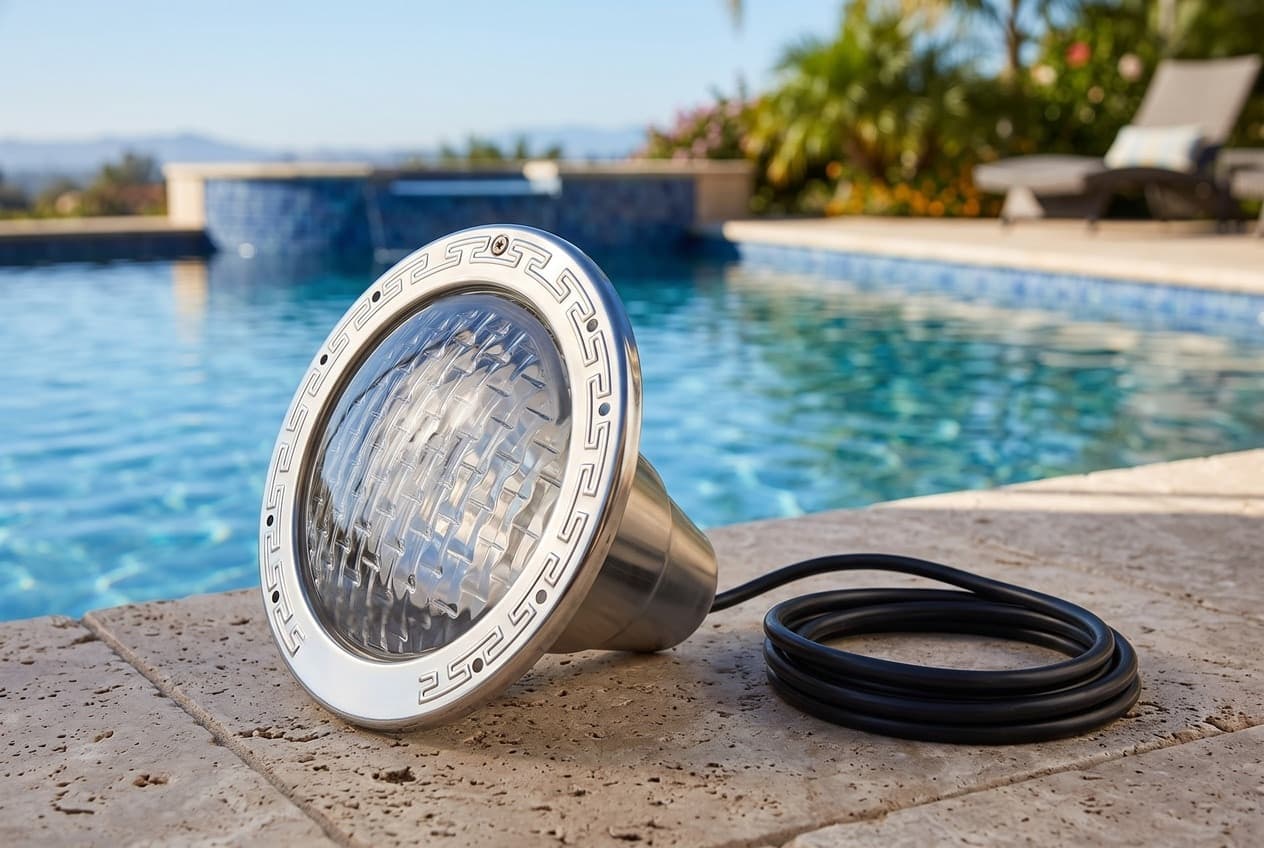 A round pool light on stone coping beside a pool, a stainless face ring pressed with a key pattern and one screw at the top around a faceted glass lens, its cord coiled beside it