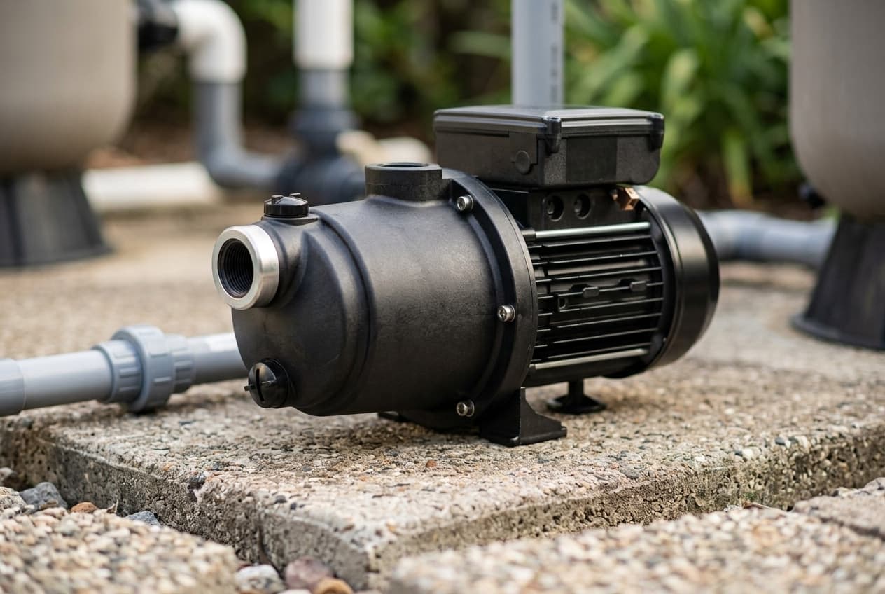 A compact black booster pump on a concrete equipment pad, a threaded suction port with a stainless insert at the front, a large square wiring compartment on top, a finned motor behind, and gray PVC joining it at each side