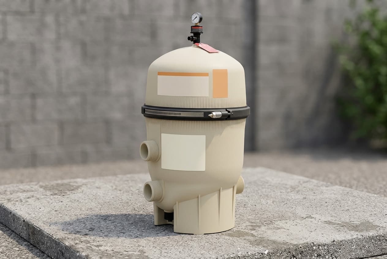 An almond cartridge pool filter tank on a concrete equipment pad, a black clamp band joining the two halves around the middle, pressure gauge and air relief valve on the lid, and two threaded ports low on the side