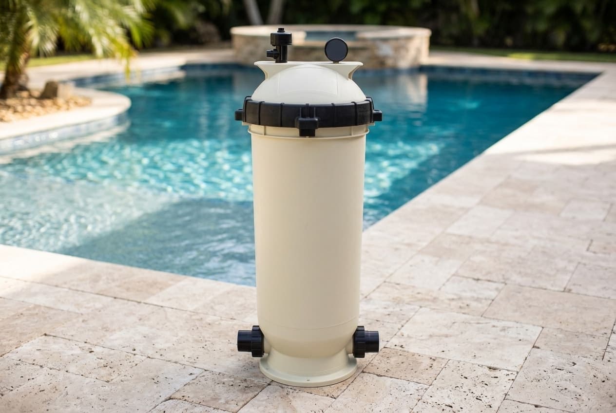 A tall almond cartridge filter on a travertine pool deck, a domed lid with a black air relief valve and a small round gauge, a black ribbed lock ring below the lid, and black union connections low on both sides of its flared base