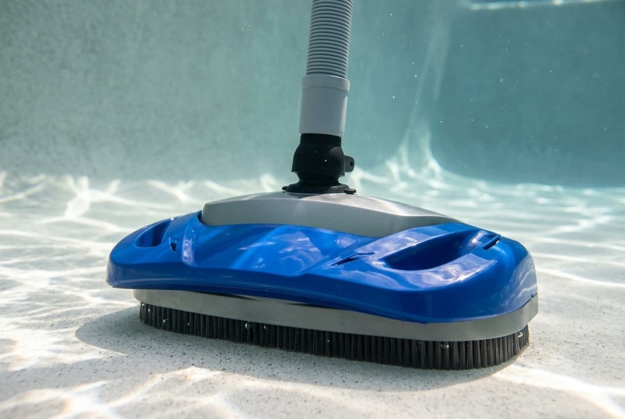 A wide low suction pool cleaner on a pool floor, a glossy royal-blue shroud with a silver-gray top panel, a black bristle skirt around the bottom, and a gray hose rising from a black swivel on top