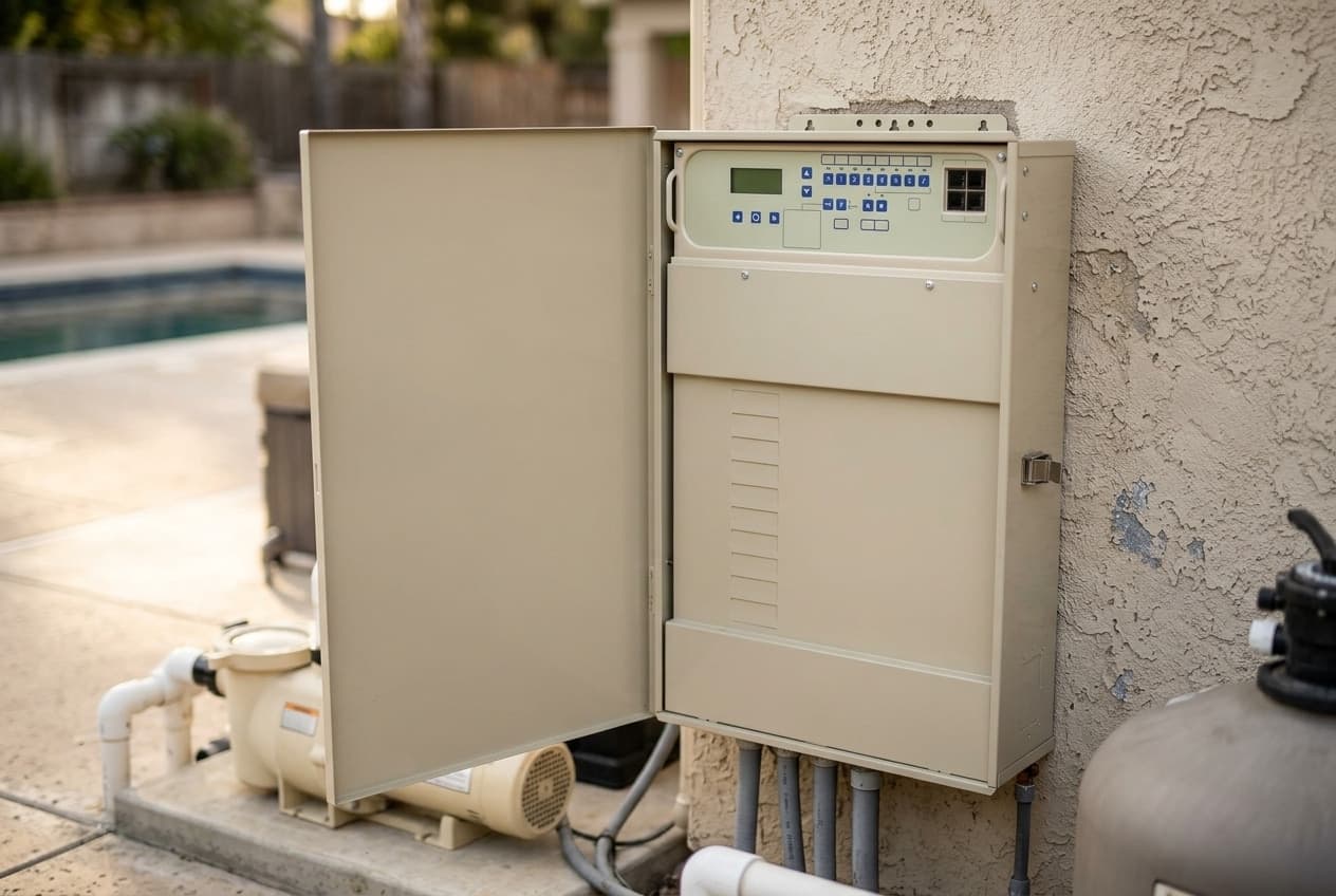 A beige pool automation load center mounted on a stucco wall beside a pool, its door swung open to show the control panel across the top with a blank display and a keypad, a closed cover over the section below, and conduit running out of the base toward the pump and filter
