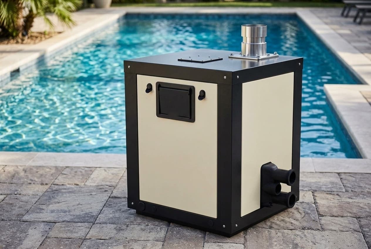 A compact square pool heater on a paver deck beside a pool, cream panels in a black frame, a closed black cover over the controls on the front, a short stainless vent stack on top, and three black water connections stacked on the side