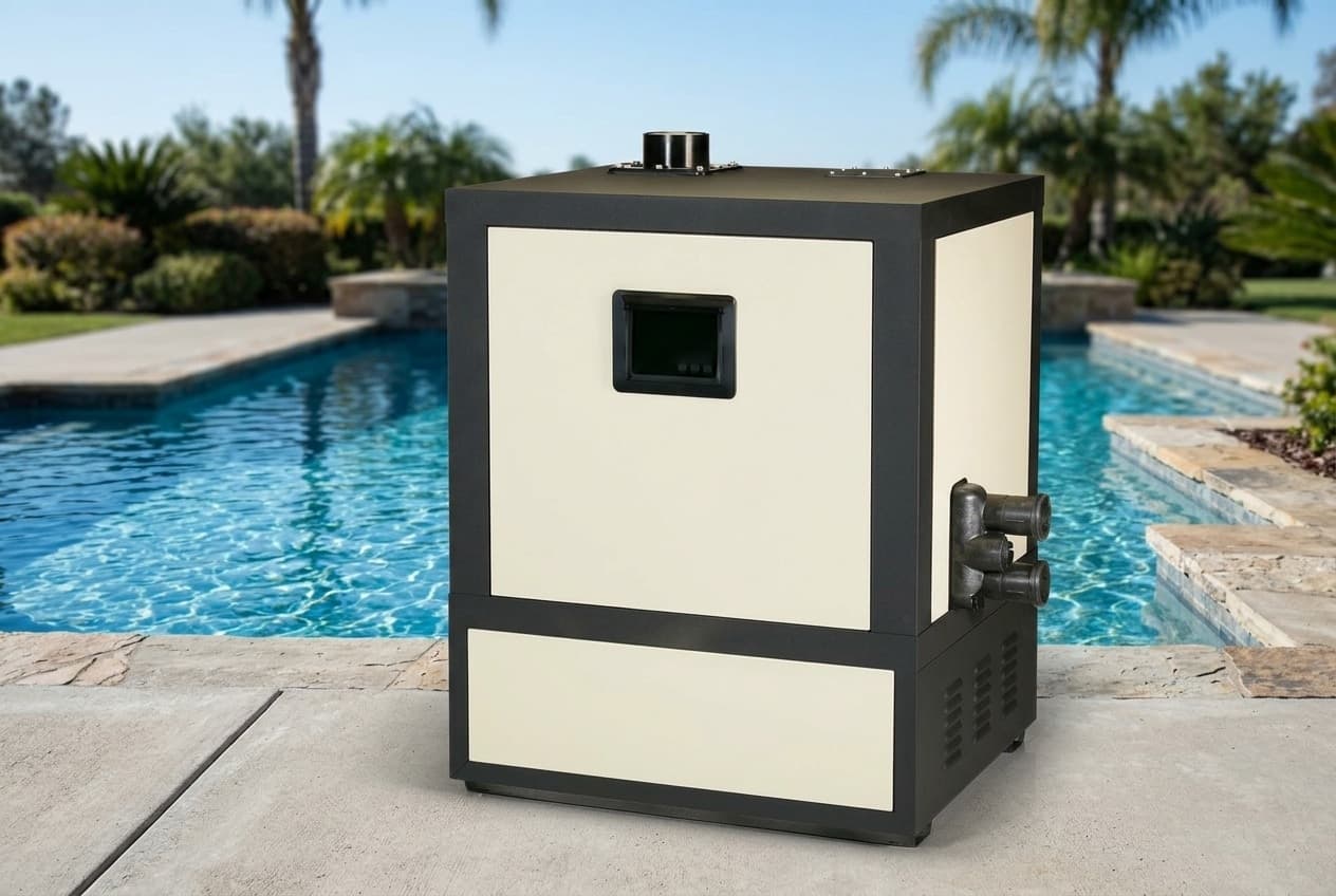 A boxy pool heater on a concrete deck beside a pool, cream front and side panels in a dark charcoal frame, a dark display window with three buttons on the front door, a cream lower panel, a short round vent on top and black water connections on the side