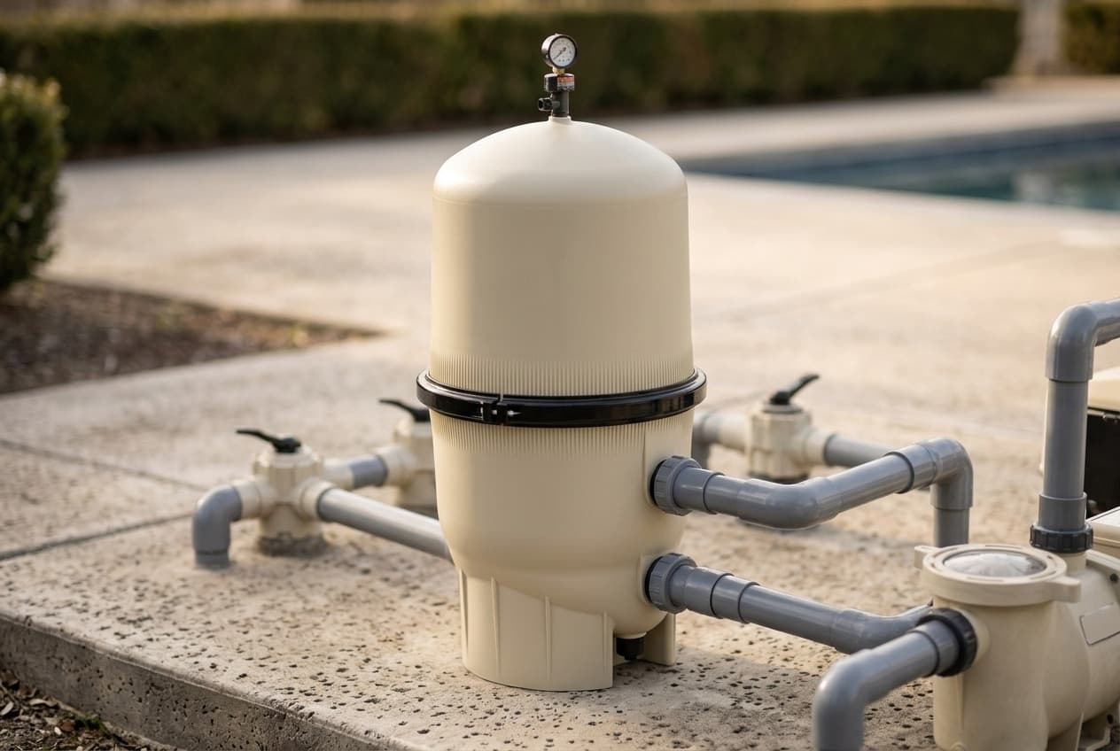 An almond D.E. pool filter tank on a concrete pad beside a pool, a black clamp band around its middle and a pressure gauge on top, with gray pipes running from two ports low on its side to valves and a pool pump