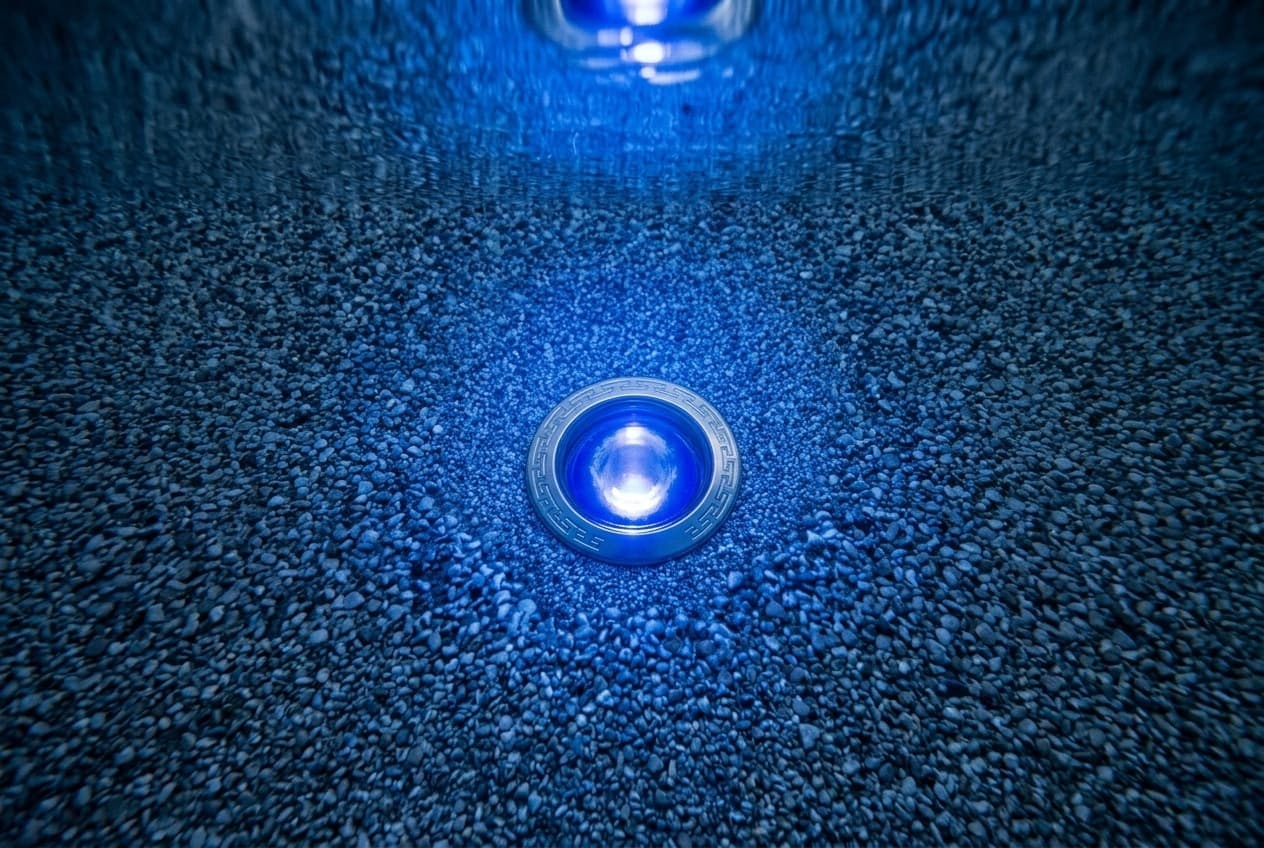 A round pool light glowing blue in the pebble-finish wall of a pool, photographed underwater, its stainless face ring stamped with a Greek-key pattern and the rippled underside of the water surface above it