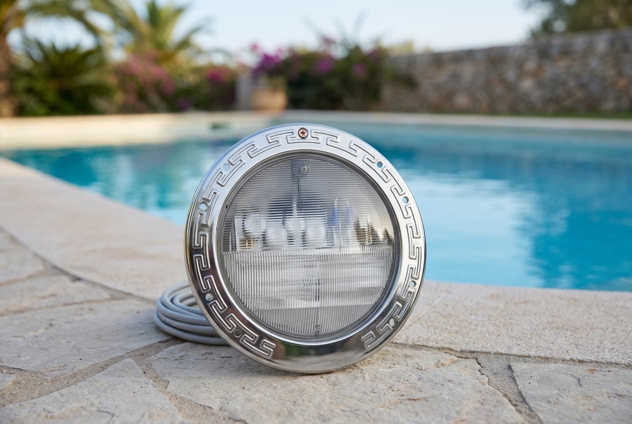 A round LED pool light standing on stone coping at the water's edge, a polished stainless face ring patterned around its rim with a single screw at the top, a ribbed clear lens with the LED array visible behind it, and its cord coiled on the stone beside it