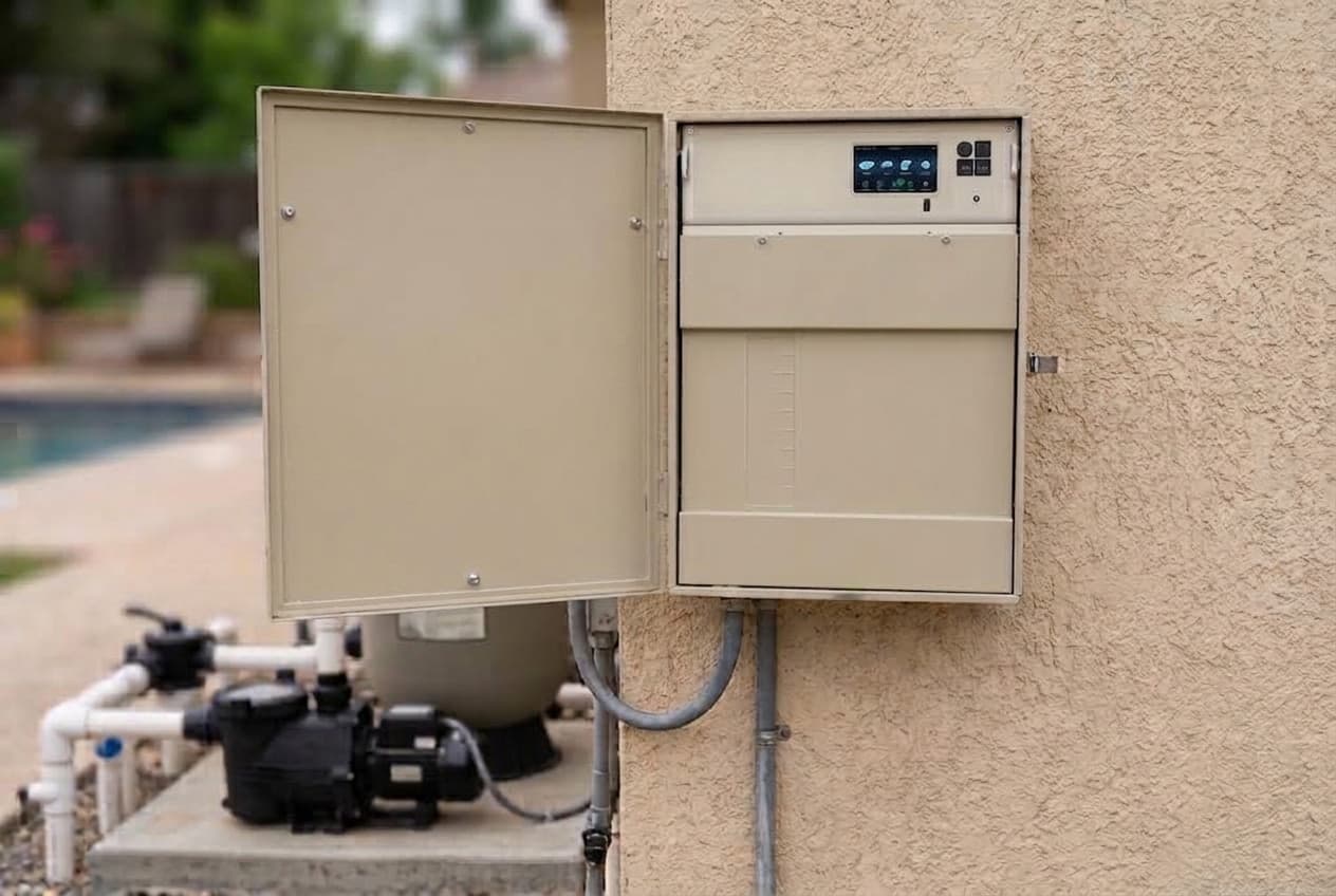 A cream pool automation load center mounted on a stucco wall, its door swung open to show a small lit color touchscreen set into an otherwise bare panel at the top and a plain cover over the section below, with conduit running down to a pump and filter