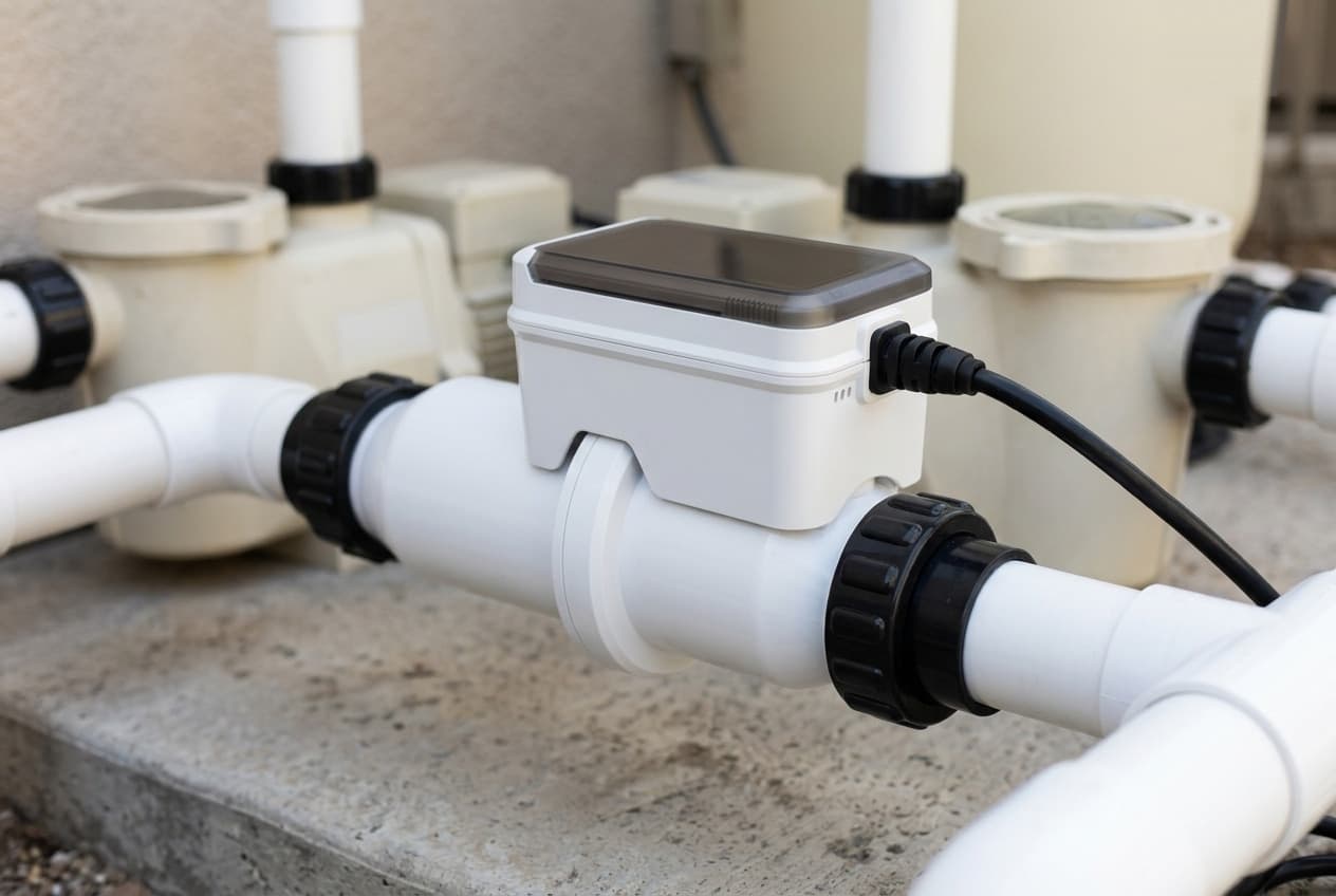 A white inline salt chlorinator cell in white PVC pipe on a concrete equipment pad, a black union nut at each end and a white controller housing on top under a smoky dark lid, with a black cable, two pool pumps and a filter tank behind it