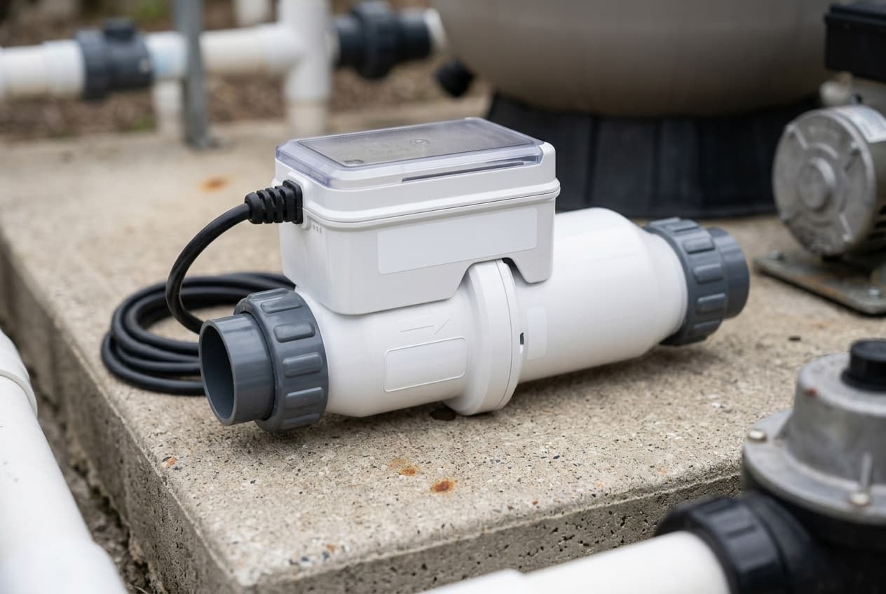 A white inline salt chlorinator cell on a concrete equipment pad, a gray union nut at each end joining it to white PVC, a raised control housing on top under a clear lid, and a black cable running from it toward the equipment behind
