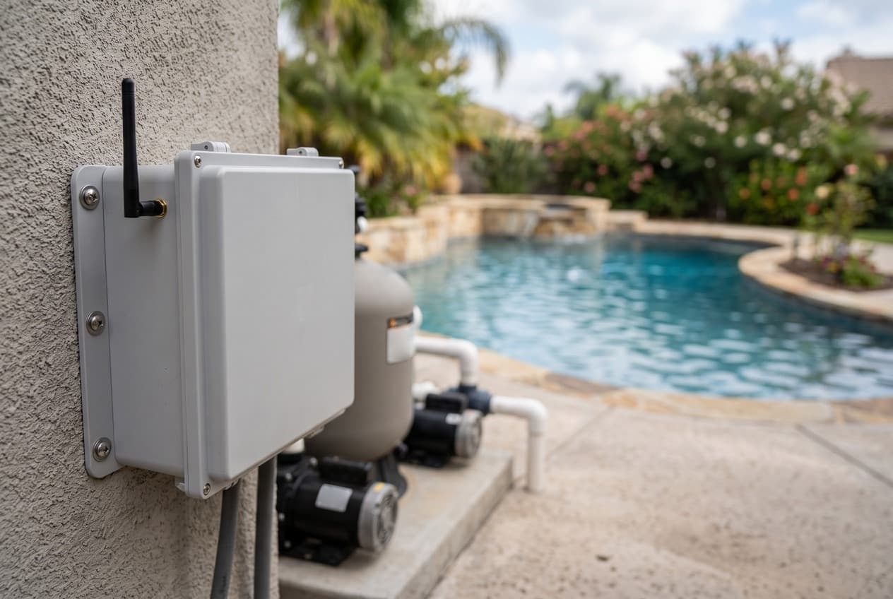 A small light gray pool control box on a stucco wall beside two pool pumps and a filter, its lid closed, a black antenna at its upper left, its mounting tab screwed to the wall