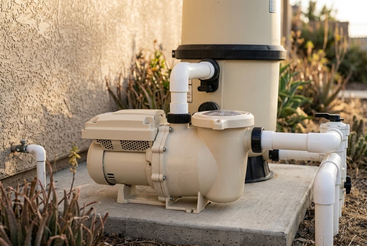 A pool pump and filter tank on a concrete equipment pad, white PVC plumbing running to a valve manifold, stucco wall and dry planting behind in warm evening light