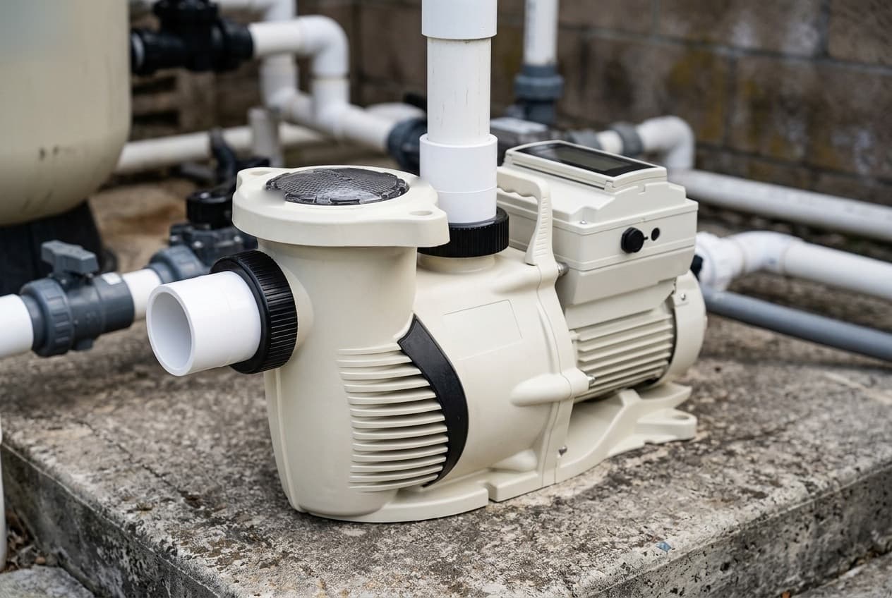 An almond variable-speed pool pump on a concrete pad, a strainer pot with a dark lid at the front, black union nuts on its side inlet and top outlet with white PVC pipe, a ribbed volute crossed by a curved black band, and a drive with a dark screen on top of the motor