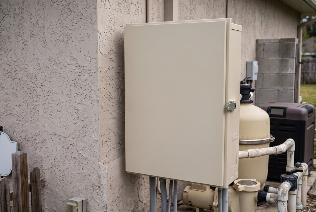 A tall tan pool automation load center on a stucco wall, its door closed with a latch on the right side, gray conduit running down past a pump, with a filter and a heater beside it