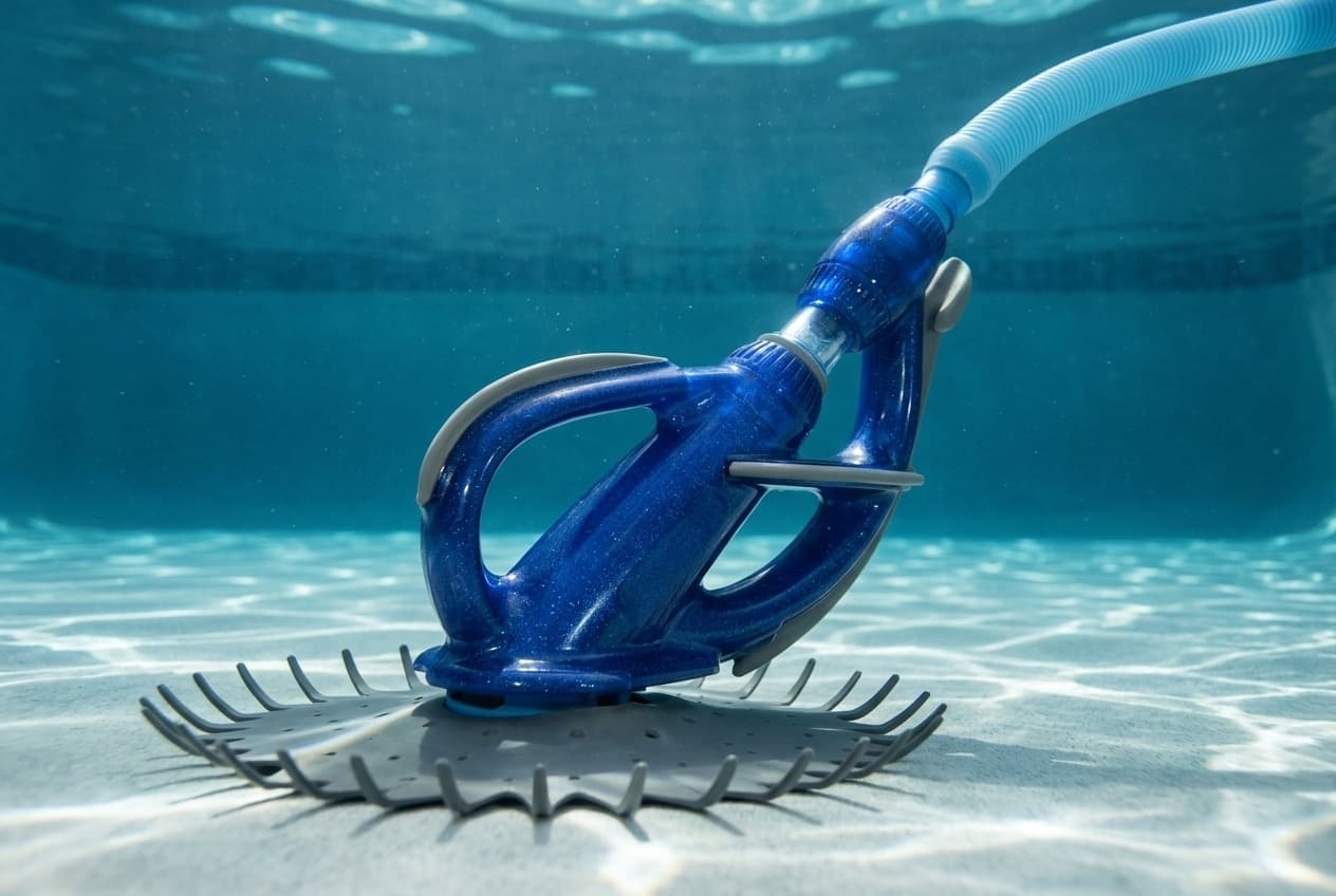 A translucent dark-blue suction pool cleaner shaped like a tilted loop, standing on a round gray finned disc on a pool floor, with gray bumper strips and a clear swivel joined to a light-blue hose