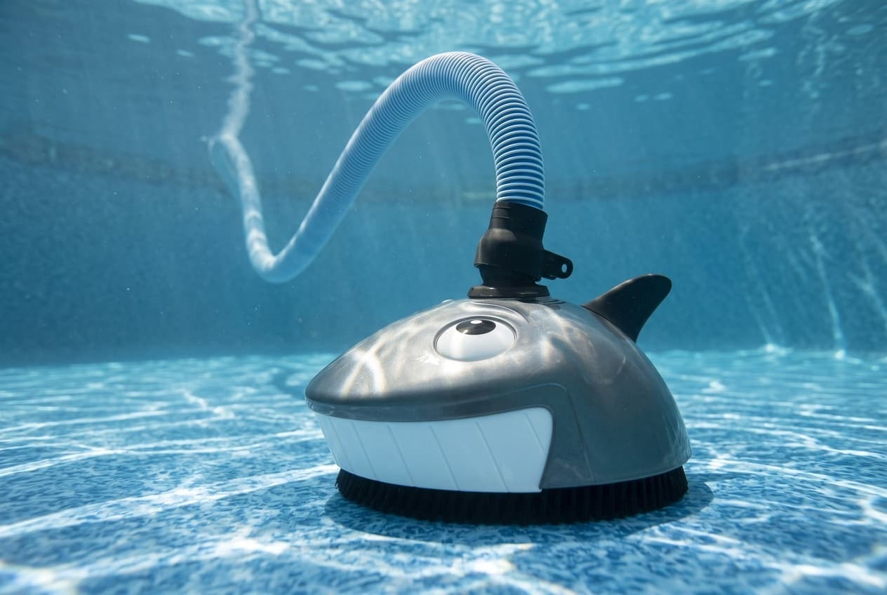 A shark-shaped pool cleaner underwater on a vinyl pool floor: a metallic gray body, a big white eye, a white band of teeth, a black fin, black bristles and a hose on top