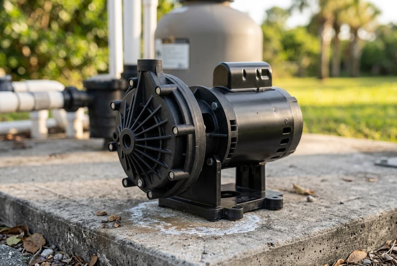 A black booster pump on a concrete equipment pad, its ribbed round volute face at the front held by a ring of bolts, a finned motor behind it with a junction box on top, bolted to a low base
