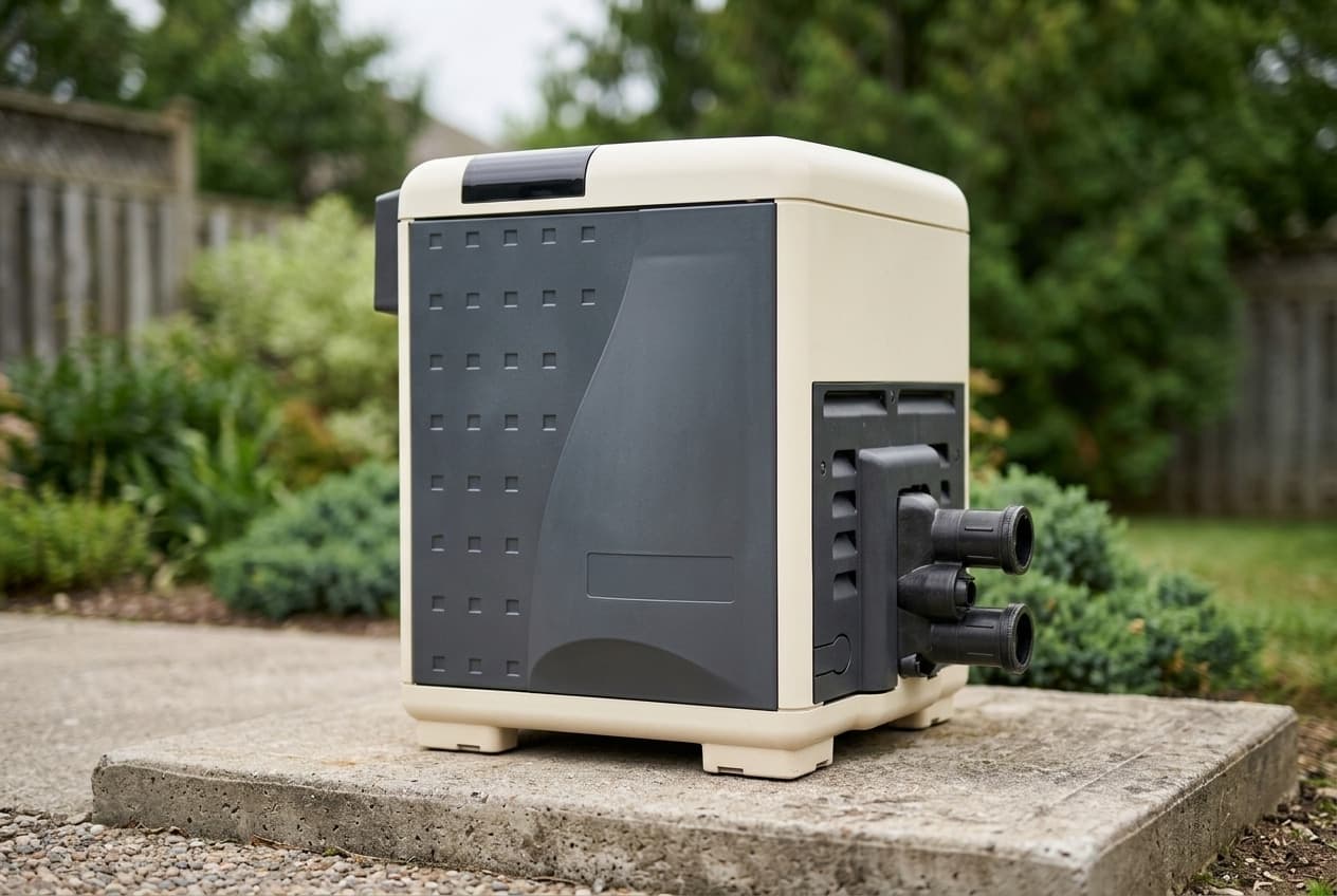 An almond-cased gas pool heater on a concrete pad in a back yard, a charcoal service panel with a square dimpled texture across its front, a dark control housing along the top edge, and black union water connections projecting from the low right side