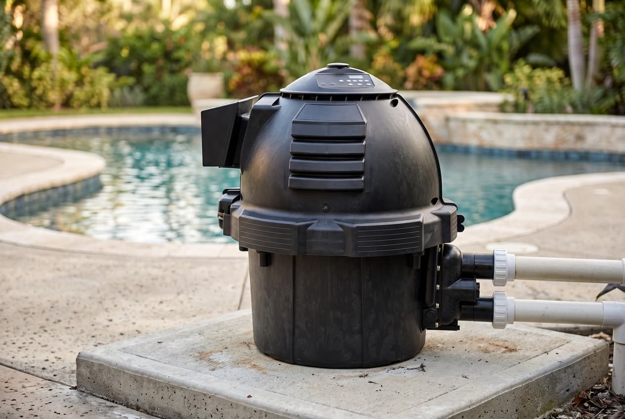 A matte black gas pool heater on a concrete pad by a pool, a domed top with a control panel, four louvers on the front, a vent housing at the back and two white unions on its side