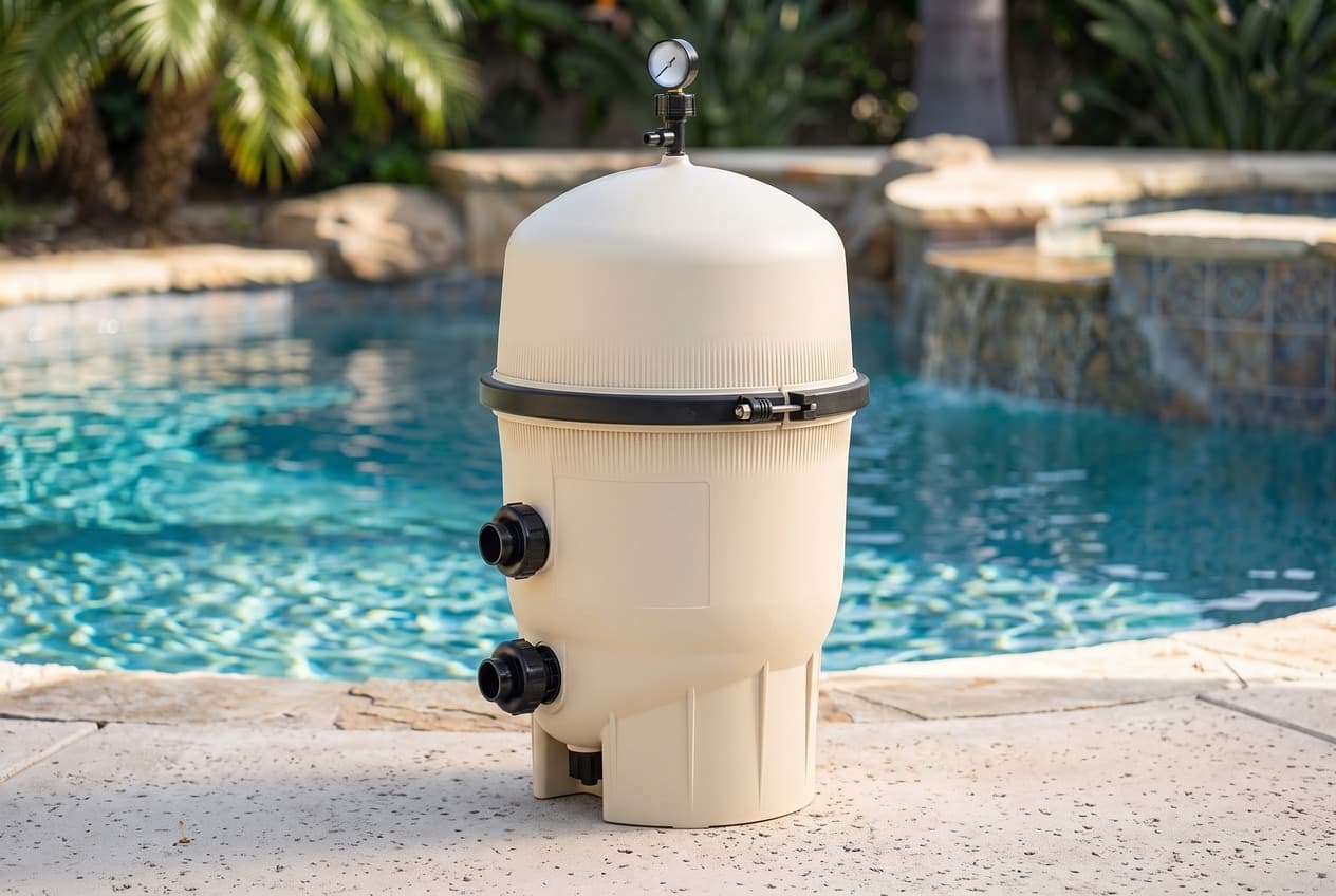 An almond D.E. pool filter on a stone pool deck, a pressure gauge on its domed lid, a black clamp band around its middle and two black union ports stacked low on one side