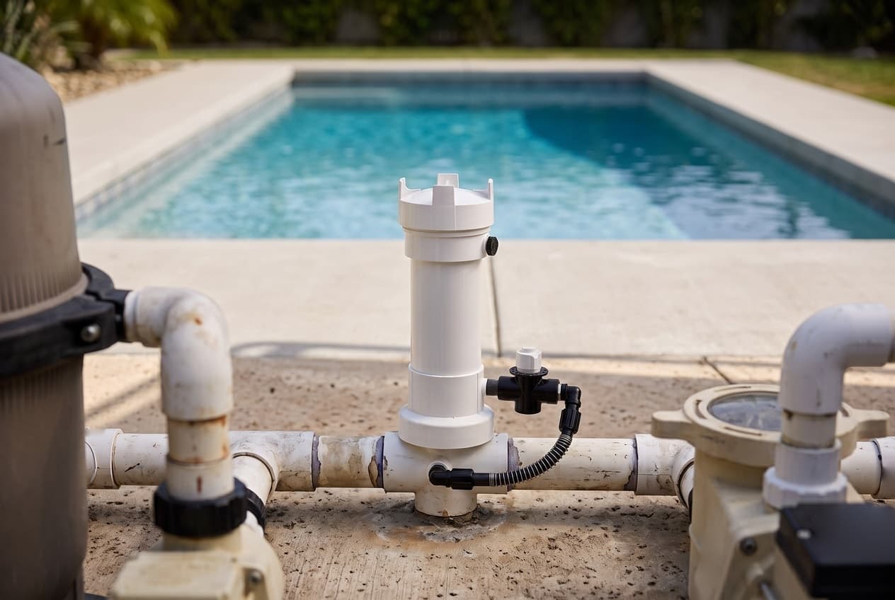A white Pentair 320 inline tablet feeder glued into a pool's return pipe, a black valve on its side and a tube curving into the tee below, with a filter, a pump and a pool behind