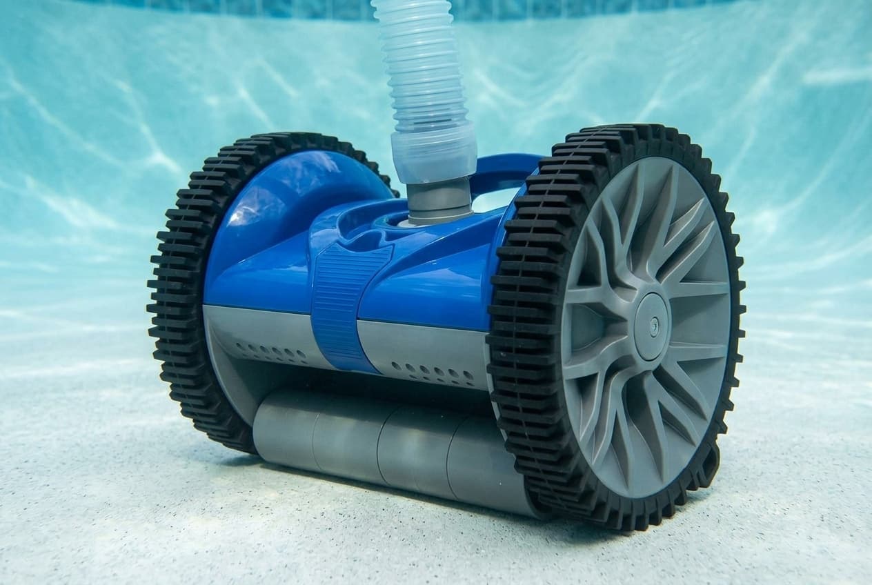A two-wheeled suction pool cleaner on the floor of a pool, a glossy blue top cover over a gray body, large gray spoked wheels with black treaded tires, a gray roller across the front and a pale ribbed hose rising from the swivel on top