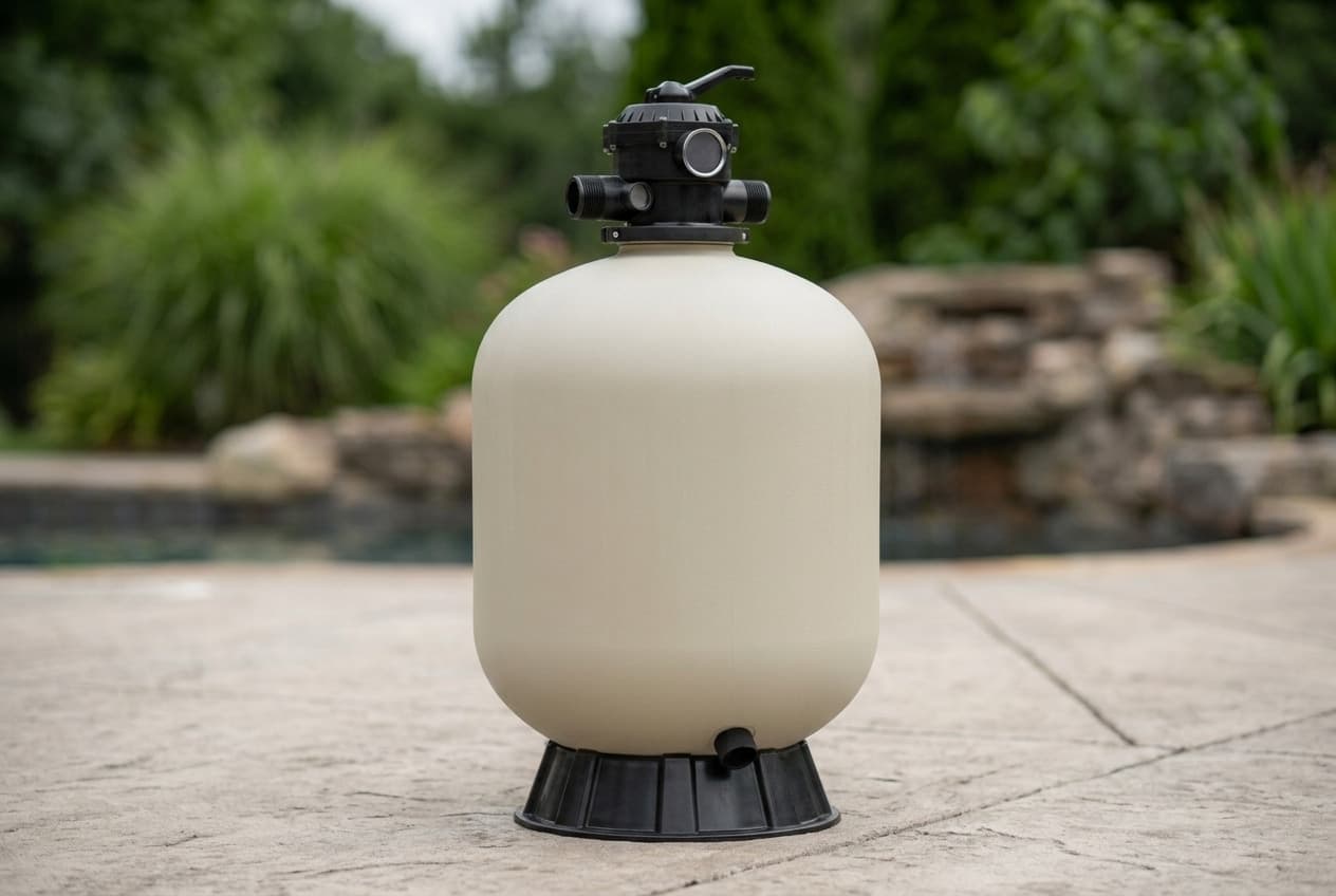 An almond top mount sand filter tank on a black ribbed base on a stone pool deck, a black multiport valve with a lever handle, a pressure gauge and threaded ports clamped to its top, and a small black drain cap near the bottom