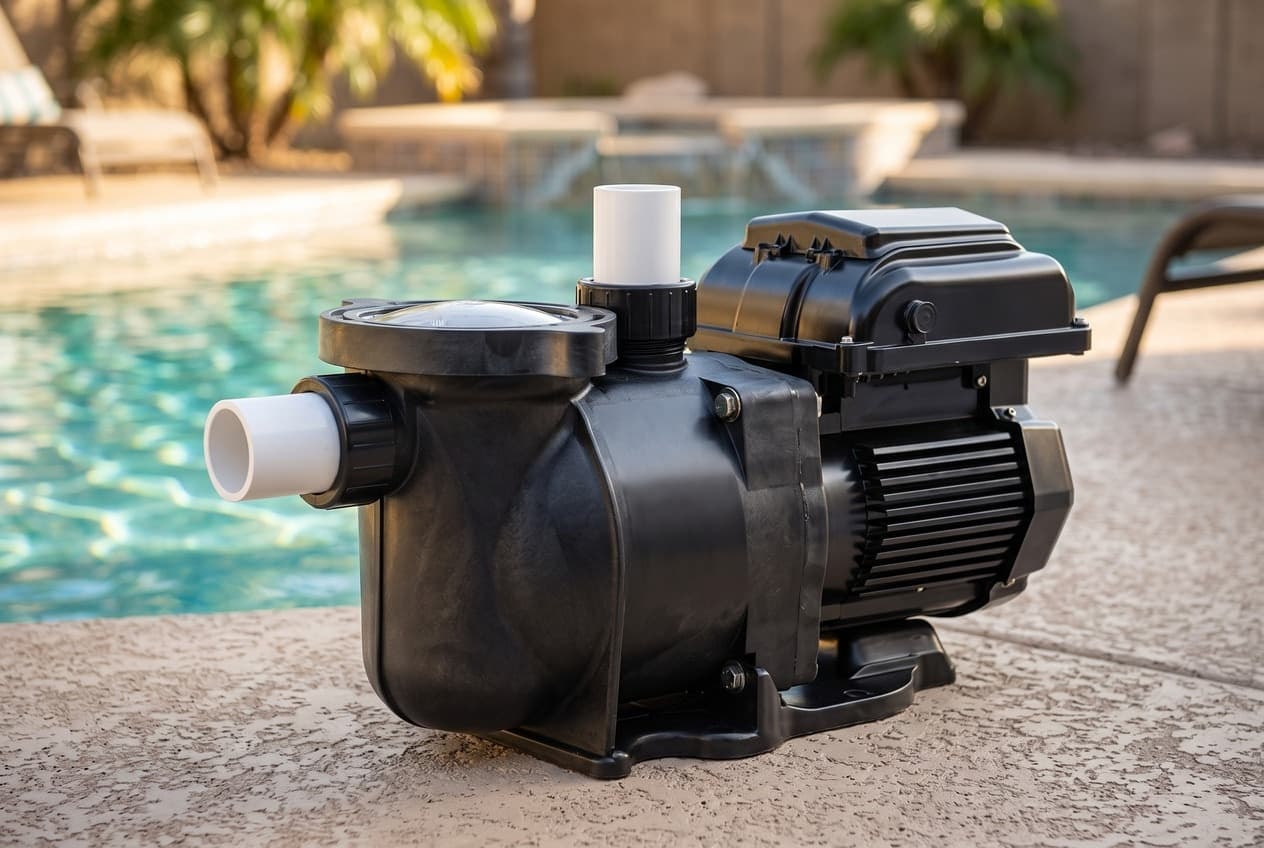 An all-black variable-speed pool pump on a pool deck, a clear domed strainer lid at the front, white pipe stubs in unions at the side and top, and a drive box on its finned motor